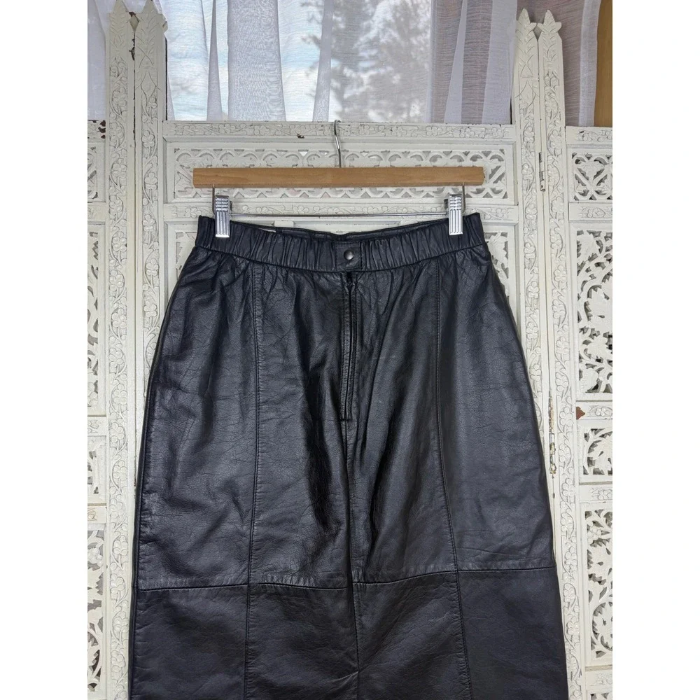 Vtg Leathers By Tibor Black Leather‎ Pencil Skirt Back Slit Straight Sz S/M